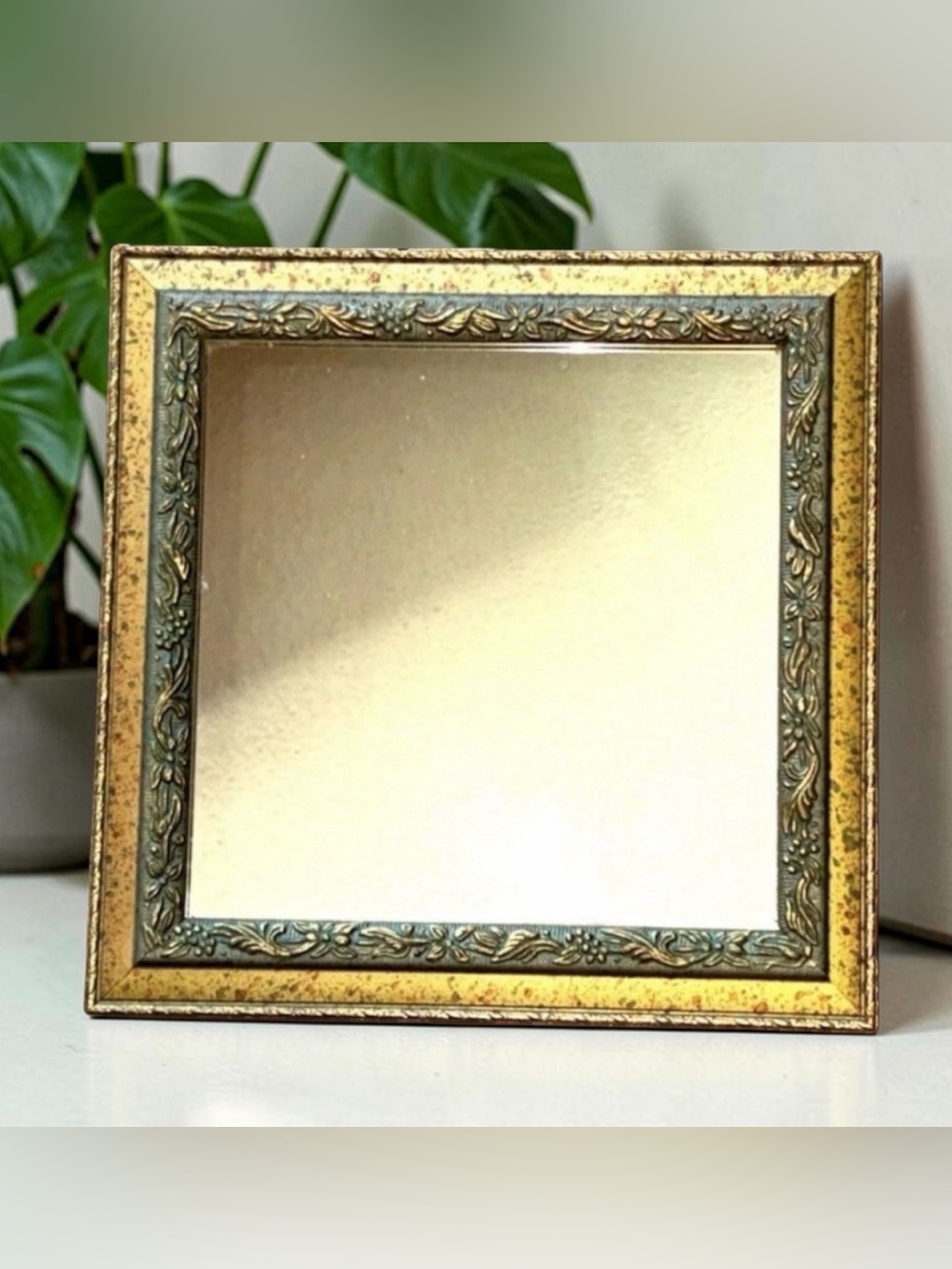 Vtg Ornate Square Wall Mirror Gold Verdigris Floral Scrollwork Frame 9.5in